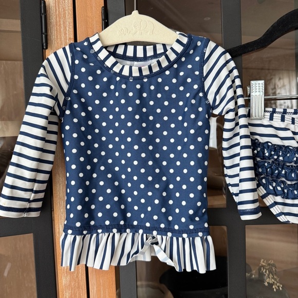 Rufflebutts rashguard swimsuit set ruffles bottoms long sleeve top navy striped - Picture 3 of 8
